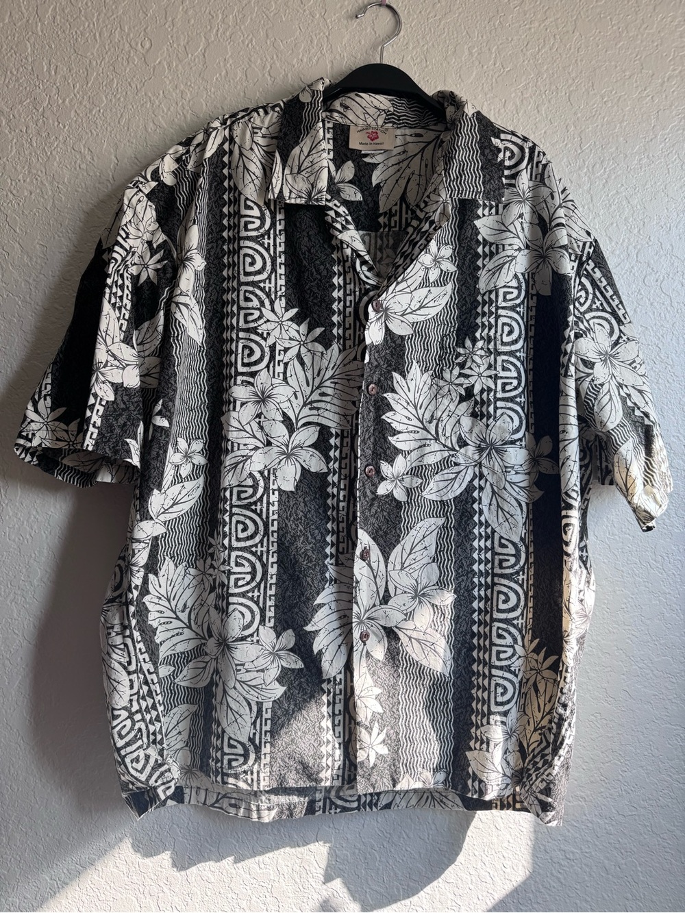 Vintage Hawaii Station Hawaiian Shirt 3XL Black White Floral Geometric Camp